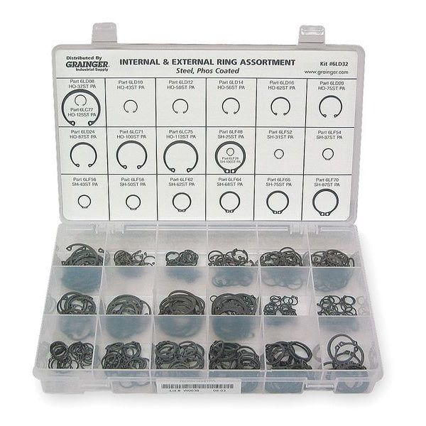 Internal and External Retaining Ring Assortment, Steel, Phosphate Finish, 20 Sizes