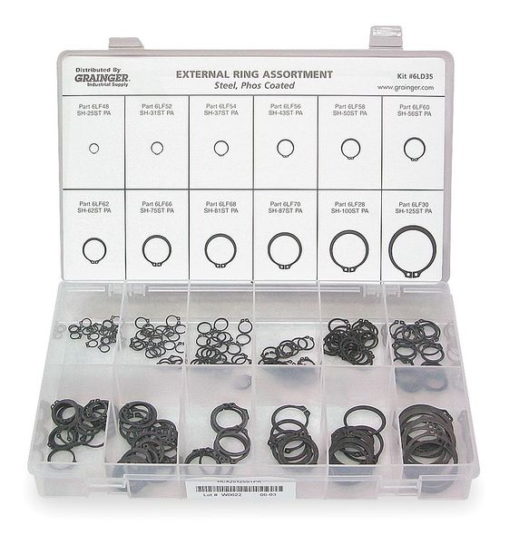 External Retaining Ring Assortment, Steel, Phosphate Finish, 12 Sizes