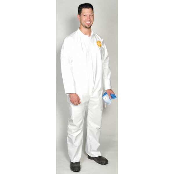 Collared Disposable Coveralls, 4XL, 25 PK, White, Microporous Film Laminate, Zipper