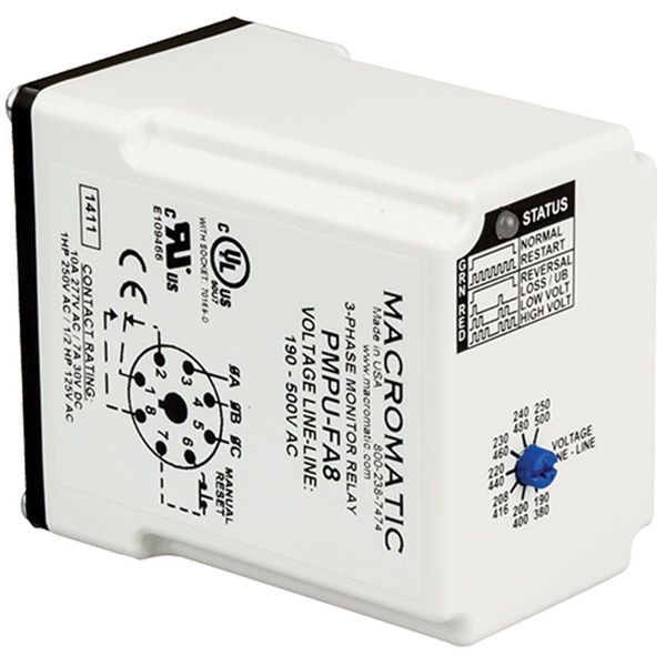3 Phase Monitor Relay, SPDT, 500VAC, 8 Pin