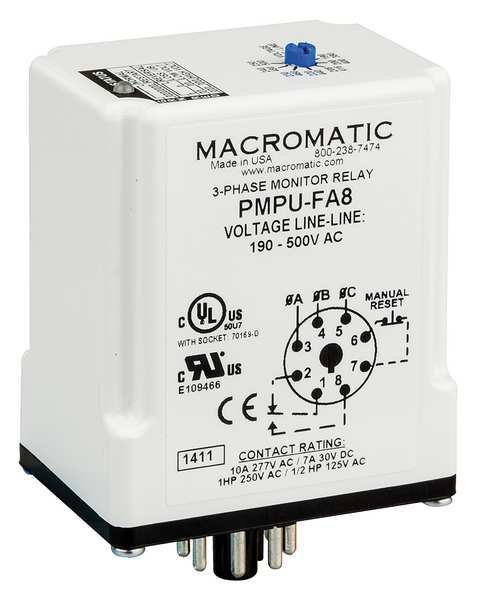 3 Phase Monitor Relay, SPDT, 500VAC, 8 Pin