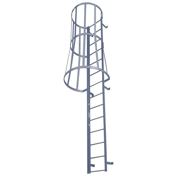 10 ft 3 in Fixed Ladder with Safety Cage, Steel, 11 Steps, Top Exit, Powder Coated Finish