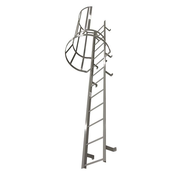 12 ft 3 in Fixed Ladder with Safety Cage, Steel, 13 Steps, Right Exit, Powder Coated Finish