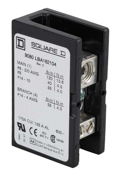 Pwr Dist Block, 175A, 1P, 2/0-6AWG, 600VAC