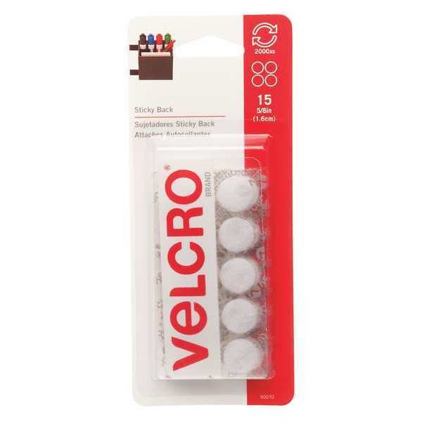 Reclosable Fastener, Disc, Rubber Adhesive, 5/8 in, White, 15 PK