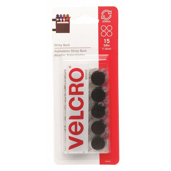 Reclosable Fastener, Disc, Rubber Adhesive, 5/8 in, Black, 15 PK