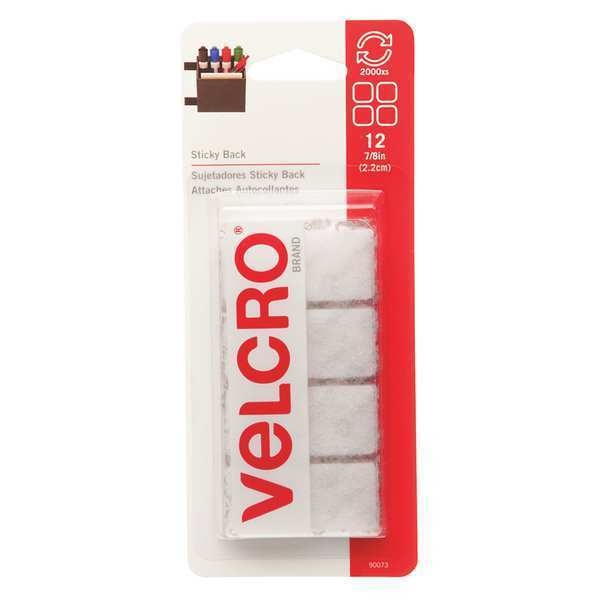 Reclosable Fastener Shape, Square, Rubber Adhesive, 7/8 in, 7/8 in Wd, White, 12 PK