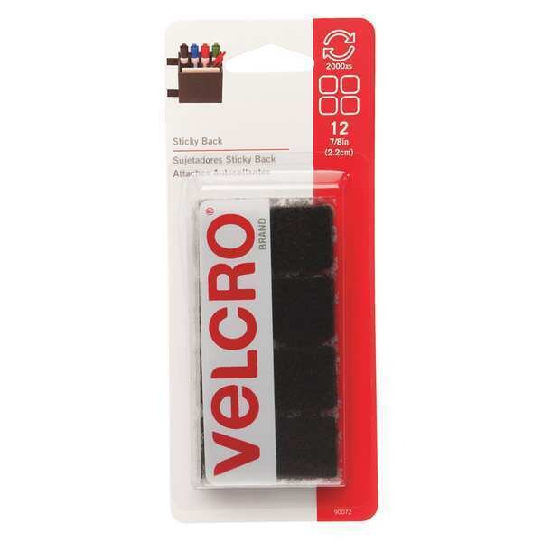 Reclosable Fastener Shape, Square, Rubber Adhesive, 7/8 in, 7/8 in Wd, Black, 12 PK