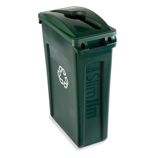 23 gal Dome Recycling Lid, 11 1/2 in W/Dia, Green, Resin, 1 Openings
