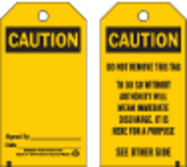 Caut Tag, 5-3/4 x 3 In, Bk/Yel, OSHA, PK25