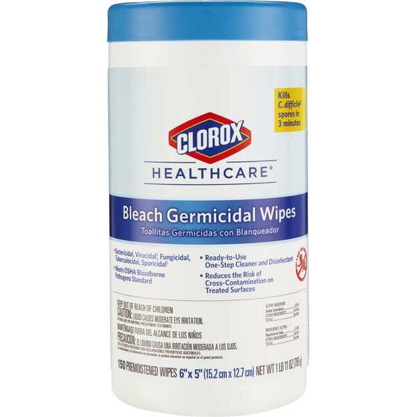 Germicidal Disinfecting Wipes, White, Canister, Hard, Non Porous Surfaces, 150 Wipes, 5 in x 6 in