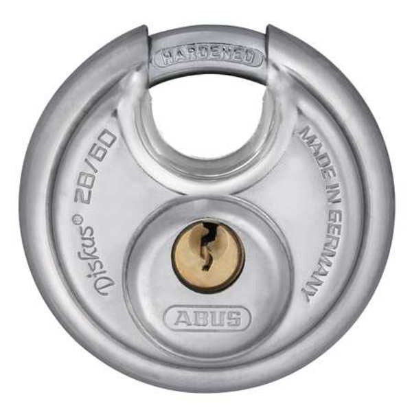 Padlock, Keyed Different, Partially Hidden Shackle, Disc Stainless steel Body, Steel Shackle
