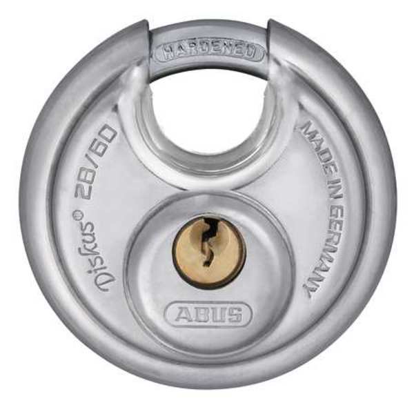 Padlock, Keyed Alike, Partially Hidden Shackle, Disc Stainless steel Body, Steel Shackle, 11/16 in W