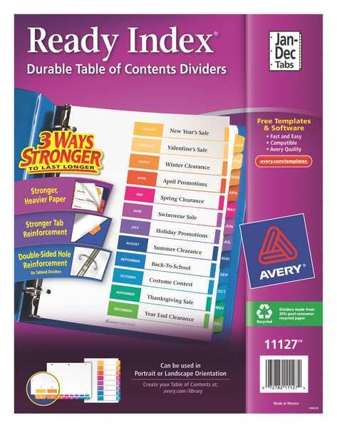 AveryÂ® Ready IndexÂ® Table of Contents Dividers 11127, Jan-Dec, 12-Tab Set