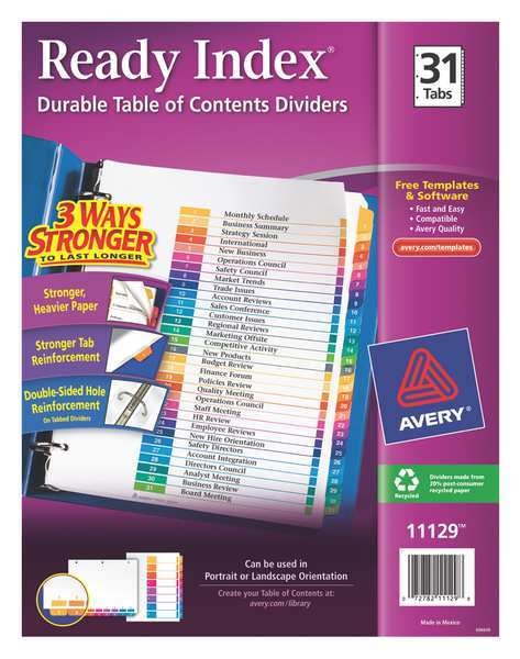 AveryÂ® Ready IndexÂ® Table of Contents Dividers 11129, 31-Tab Set