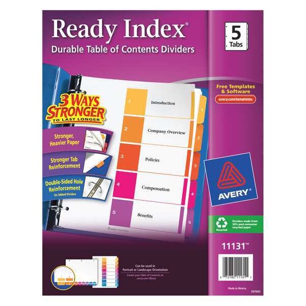 AveryÂ® Ready IndexÂ® Table of Contents Dividers 11131, 5-Tab Set