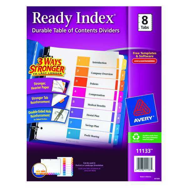 AveryÂ® Ready IndexÂ® Table of Contents Dividers 11133, 8-Tab Set