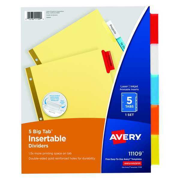 AveryÂ® Big Tabâ¢ Insertable Dividers 11109, Buff Paper, 5 Multicolor Tabs, 1 Set