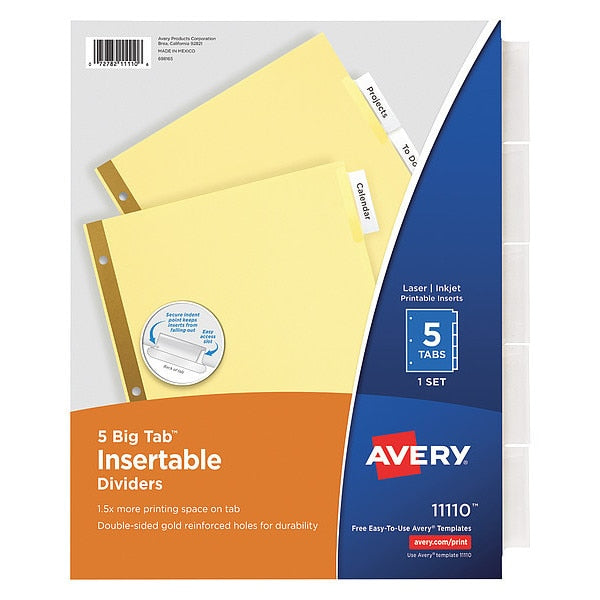 AveryÂ® Big Tabâ¢ Insertable Dividers 11110, Buff Paper, 5 Clear Tabs, 1 Set