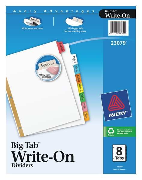 AveryÂ® Big Tabâ¢ Write & Erase Dividers 23079, 8 Multicolor Tabs, 1 Set