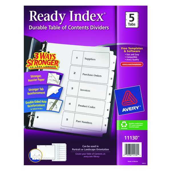 AveryÂ® Ready IndexÂ® Table of Contents Dividers 11130, 5-Tab Set