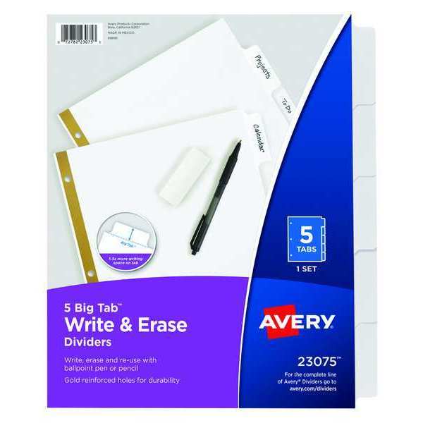 AveryÂ® Big Tabâ¢ Write & Erase Dividers 23075, 5 White Tabs, 1 Set
