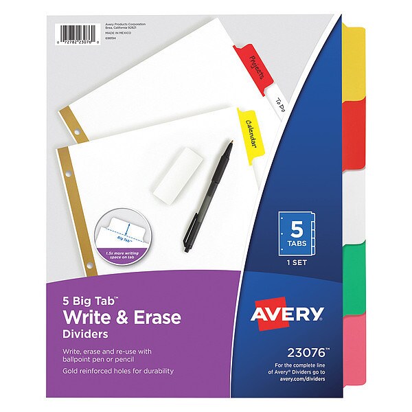 AveryÂ® Big Tabâ¢ Write & Erase Dividers 23076, 5 Multicolor Tabs, 1 Set