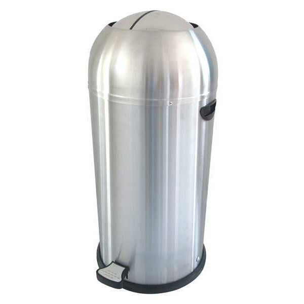 10 gal Round Wastebasket, Silver, 13 3/4 in Dia, Step-On, Stainless Steel