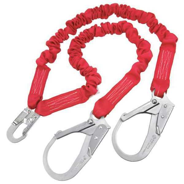 PRO Stretch Shock Absorbing Lanyard, 100% Tie-Off, Elastic, Snap Hook, Two Rebar Hooks, 6 ft, Red