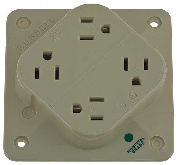 Receptacle, 15 A Amps, 125V AC, Surface Mount, Quad Outlet, 5-15R, Ivory