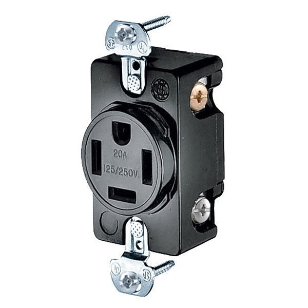 Receptacle, 20 A Amps, 125/250V AC, Flush Mount, Single Outlet, 14-20R, Black