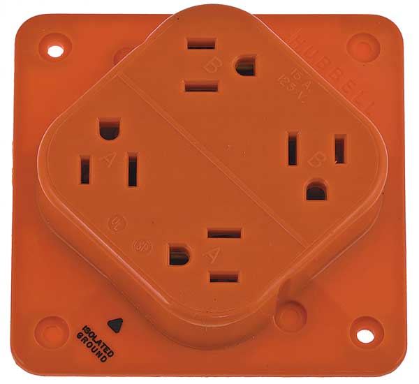 Receptacle, 15 A Amps, 125V AC, Surface Mount, Quad Outlet, 5-15R, Orange