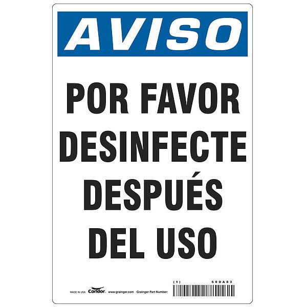Spanish Por Favor Desinfecte Sign, 14 in Height, 10 in Width, Polystyrene, Rectangle, Spanish