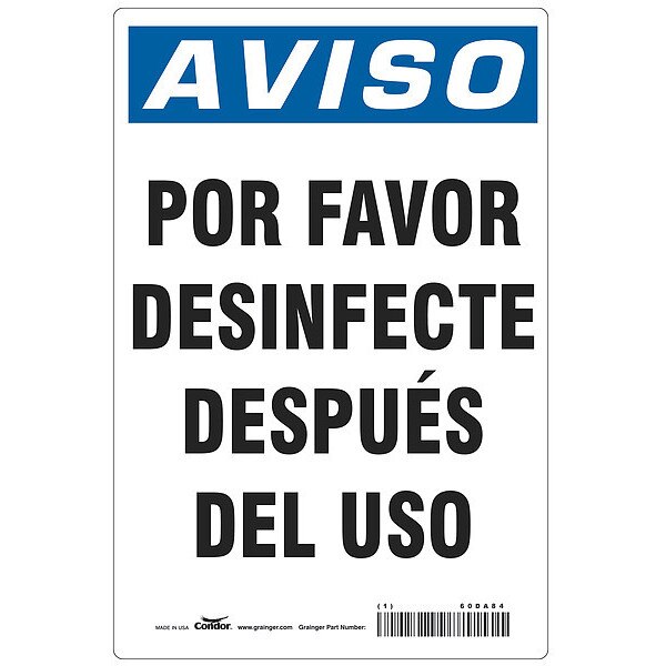 Spanish Por Favor Desinfecte Sign, 14 in Height, 10 in Width, Aluminum, Rectangle, Spanish