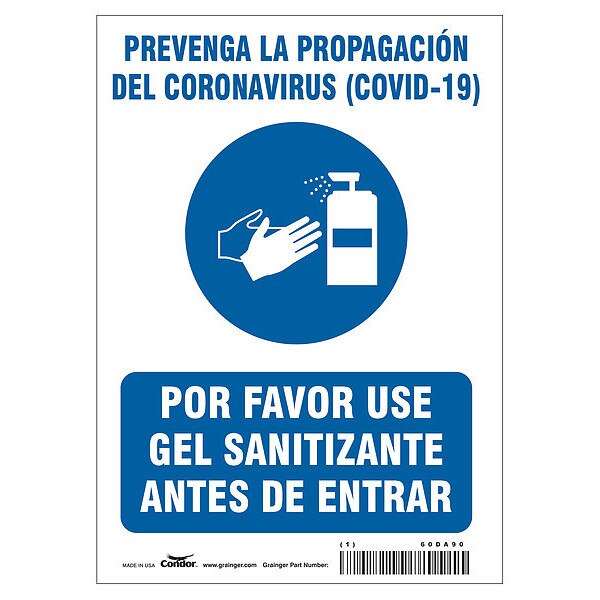 Spanish Use Hand Sanitizer Sign, 10 in Height, 7 in Width, Polyester, Rectangle, Spanish