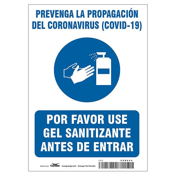 Spanish Use Hand Sanitizer Sign, 14 in Height, 10 in Width, Polystyrene, Rectangle, Spanish