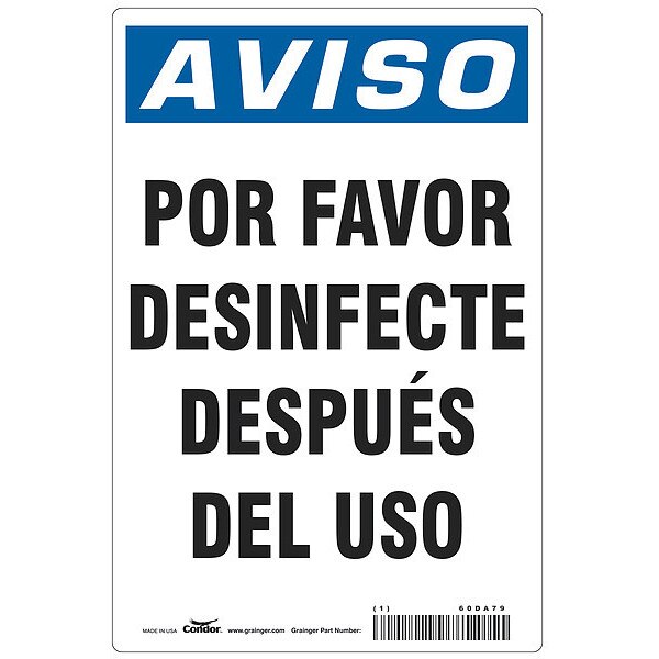 Spanish Por Favor Desinfecte Sign, 10 in Height, 7 in Width, Polyester, Rectangle, Spanish