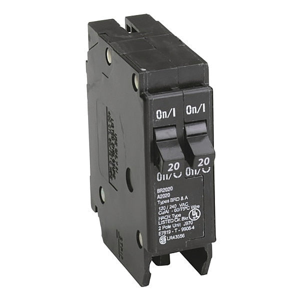 Circuit Breaker, 20 A, 120V AC, 2 Pole, Plug In Mounting Style, BR Series