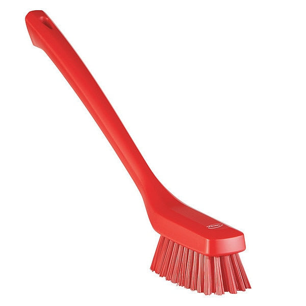1 73/100 in W Scrub Brush, Stiff, 12 in L Handle, 4 33/100 in L Brush, Red, Plastic