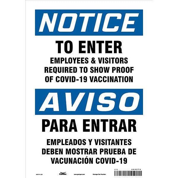 Employee and Visitor Vaccine Proof Safety Sign, 14 in Height, 10 in Width, Plastic