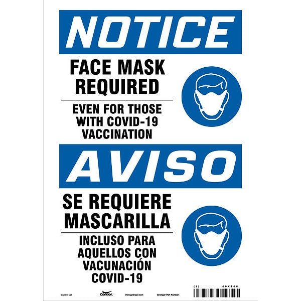 Facemask Reminder Safety Sign, 14 in Height, 10 in Width, Aluminum, English, Spanish