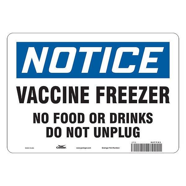 Vaccine Freezer Sign, 10 in W x 7 in H, English, Aluminum, White