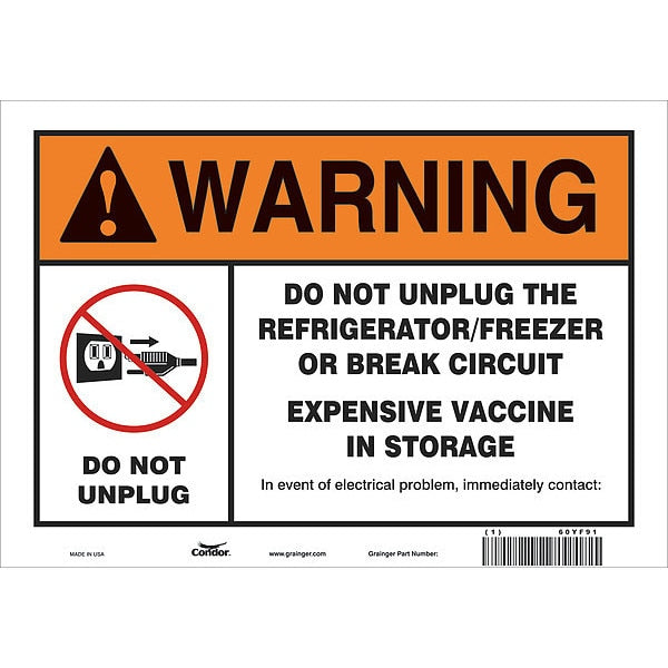 Vaccine Refrigerator Freezer Sign, 10 in W x 7 in H, English, Vinyl