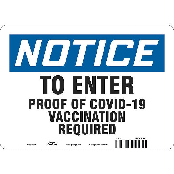 Employee/Visitor Vaccine Proof Sign, 60YF98