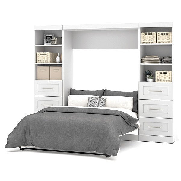 Bestar Pur Full Murphy Bed and 2 Shelving Units with Drawers (109W) in White