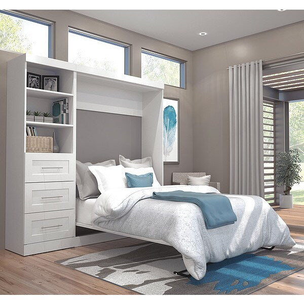 Bestar Pur Full Murphy Bed and Shelving Unit with Drawers (84W) in White