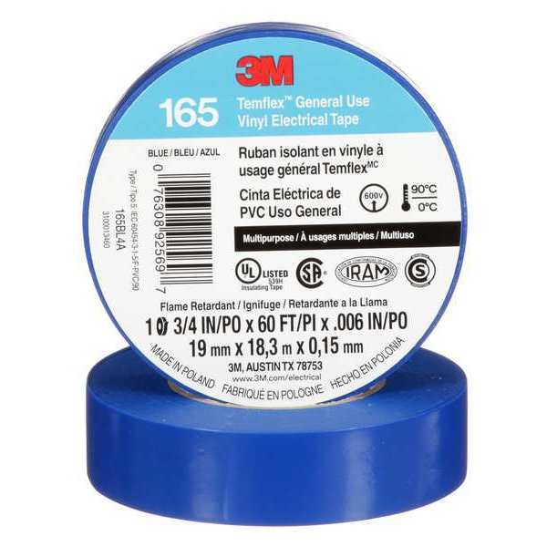 Vinyl Electrical Tape, 165, Temflex, 3/4 in W x 60 ft L, 6 mil thick, Blue, 1 Pack