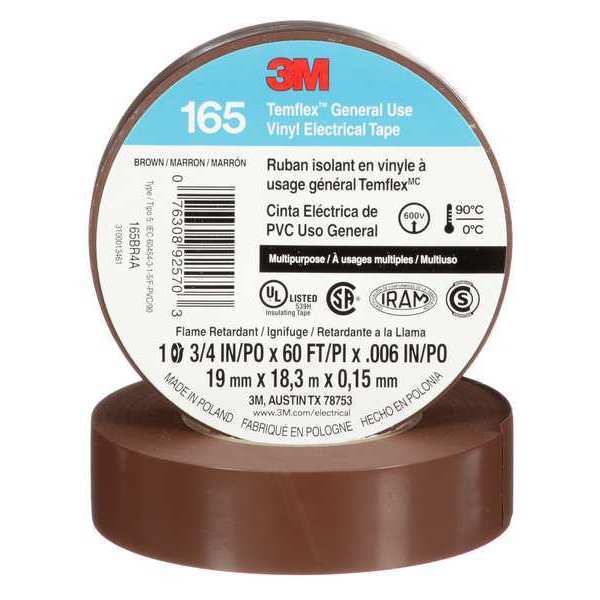 Elec Tape, 60 ft Lx3/4 in W, 6 mil, Brown