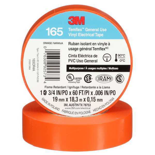 Elec Tape, 60 ft Lx3/4 in W, 6 mil, Orange