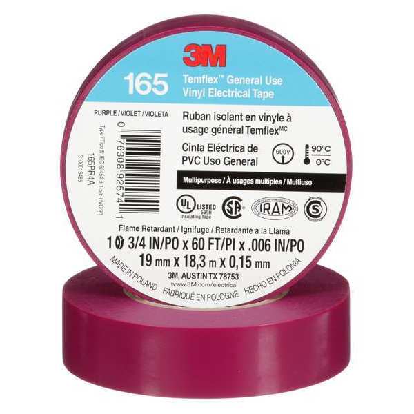 Elec Tape, 60 ft Lx3/4 in W, 6 mil, Purple